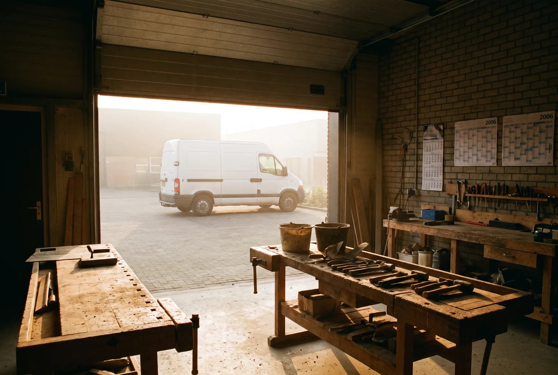 Werkplaats met gereedschap op een werkbank en een bestelbus in de geopende roldeur bij ochtendlicht
